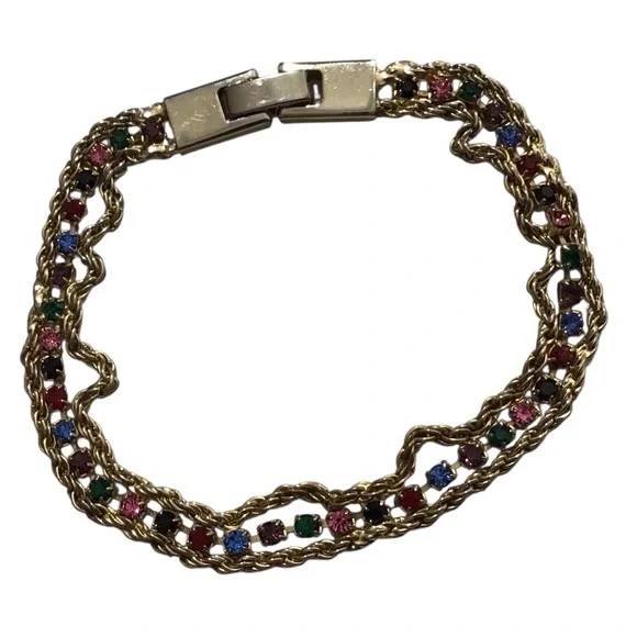 Yechang Rhinestone Bracelet Multicolor Gold Tone Vintage Pink Green Blue Red - Picture 2 of 10